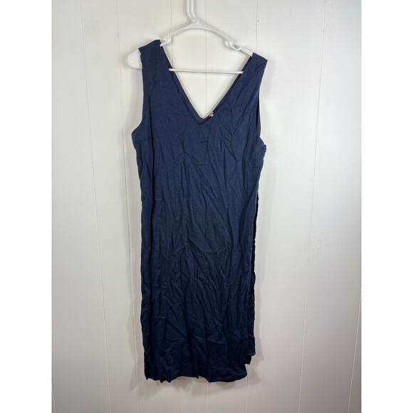 Free People Navy Blue Linen Slip Dress Button V Neck Size S Boho Preppy Smocked - Picture 1 of 6